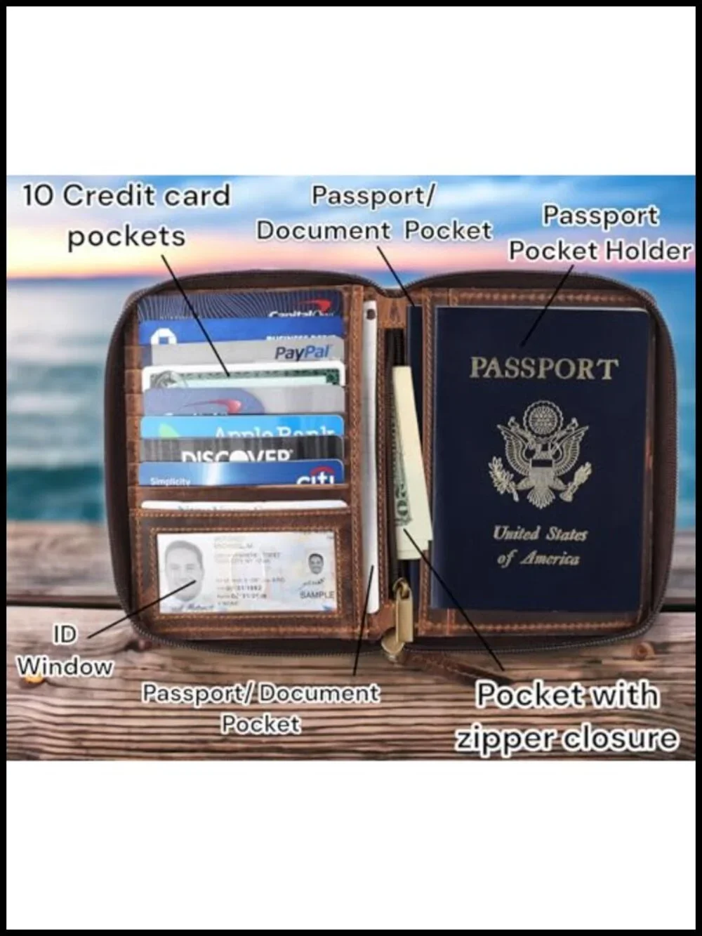 Full Grain Leather RFID Blocking Passport Wallet Travel Document Holder Zip